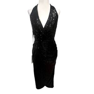 NWT‎ Mac Duggal black sequin midi Halter dress women's size 2 with side ruching